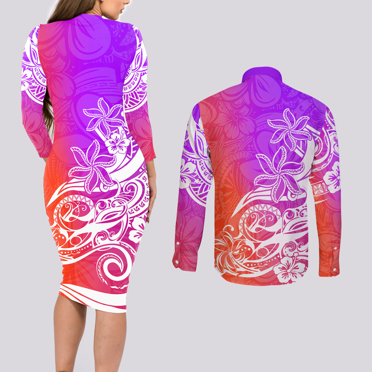 Polynesian Sunset Plumeria Couples Matching Long Sleeve Bodycon Dress and Long Sleeve Button Shirts Pacific Island Tribal Purple Style LT9 - Wonder Print Shop