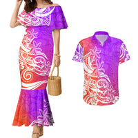 Polynesian Sunset Plumeria Couples Matching Mermaid Dress and Hawaiian Shirt Pacific Island Tribal Purple Style LT9 - Wonder Print Shop