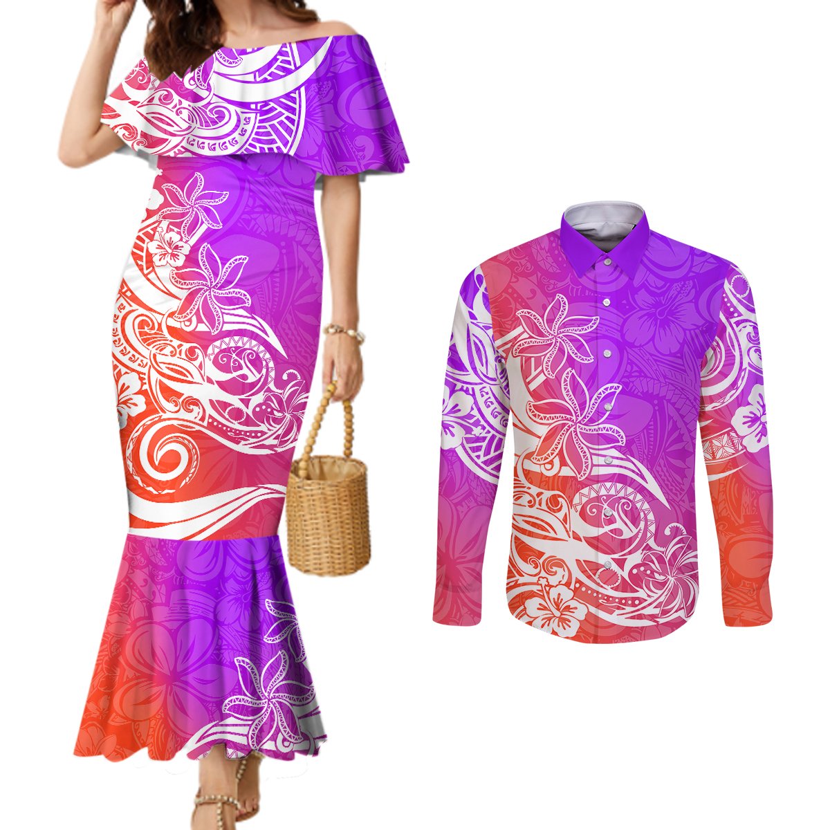 polynesian-sunset-plumeria-couples-matching-mermaid-dress-and-long-sleeve-button-shirts-pacific-island-tribal-purple-style