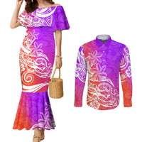 polynesian-sunset-plumeria-couples-matching-mermaid-dress-and-long-sleeve-button-shirts-pacific-island-tribal-purple-style