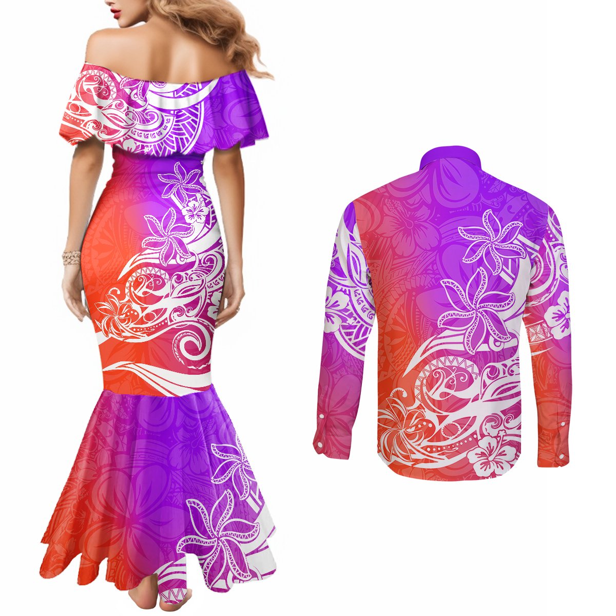 polynesian-sunset-plumeria-couples-matching-mermaid-dress-and-long-sleeve-button-shirts-pacific-island-tribal-purple-style