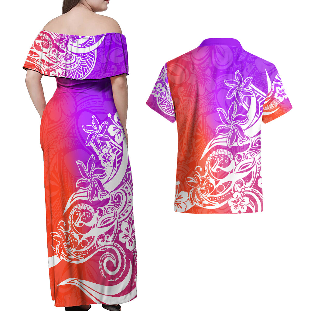 Polynesian Sunset Plumeria Couples Matching Off Shoulder Maxi Dress and Hawaiian Shirt Pacific Island Tribal Purple Style LT9 - Wonder Print Shop