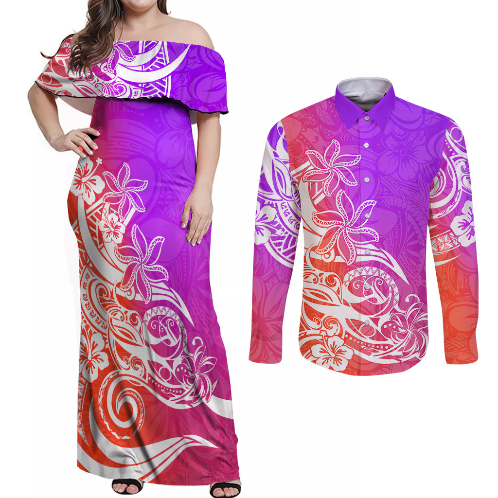 Polynesian Sunset Plumeria Couples Matching Off Shoulder Maxi Dress and Long Sleeve Button Shirts Pacific Island Tribal Purple Style LT9 - Wonder Print Shop