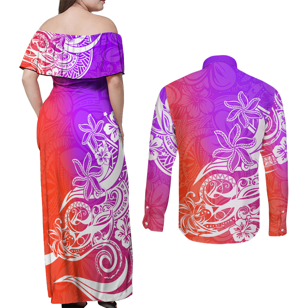 Polynesian Sunset Plumeria Couples Matching Off Shoulder Maxi Dress and Long Sleeve Button Shirts Pacific Island Tribal Purple Style LT9 - Wonder Print Shop