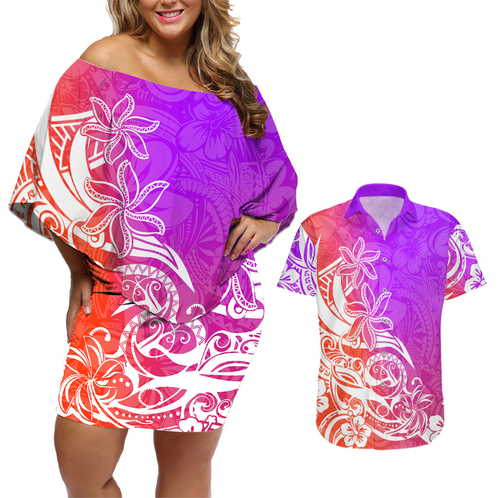 Polynesian Sunset Plumeria Couples Matching Off Shoulder Short Dress and Hawaiian Shirt Pacific Island Tribal Purple Style LT9 - Wonder Print Shop