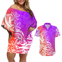Polynesian Sunset Plumeria Couples Matching Off Shoulder Short Dress and Hawaiian Shirt Pacific Island Tribal Purple Style LT9 - Wonder Print Shop