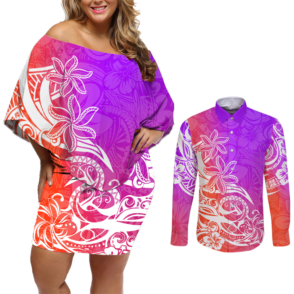 Polynesian Sunset Plumeria Couples Matching Off Shoulder Short Dress and Long Sleeve Button Shirts Pacific Island Tribal Purple Style LT9 - Wonder Print Shop
