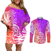 Polynesian Sunset Plumeria Couples Matching Off Shoulder Short Dress and Long Sleeve Button Shirts Pacific Island Tribal Purple Style LT9 - Wonder Print Shop