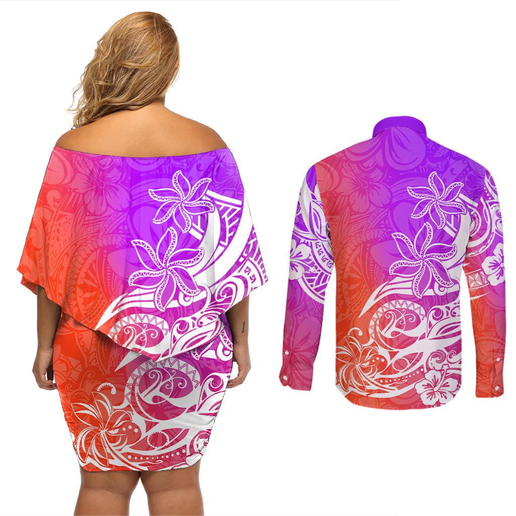 Polynesian Sunset Plumeria Couples Matching Off Shoulder Short Dress and Long Sleeve Button Shirts Pacific Island Tribal Purple Style LT9 - Wonder Print Shop