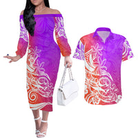 Polynesian Sunset Plumeria Couples Matching Off The Shoulder Long Sleeve Dress and Hawaiian Shirt Pacific Island Tribal Purple Style LT9 - Wonder Print Shop