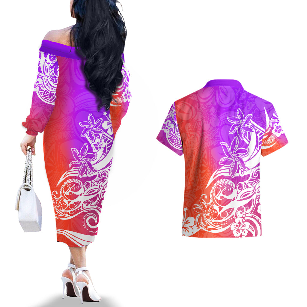 Polynesian Sunset Plumeria Couples Matching Off The Shoulder Long Sleeve Dress and Hawaiian Shirt Pacific Island Tribal Purple Style LT9 - Wonder Print Shop