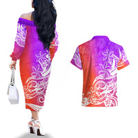 Polynesian Sunset Plumeria Couples Matching Off The Shoulder Long Sleeve Dress and Hawaiian Shirt Pacific Island Tribal Purple Style LT9 - Wonder Print Shop