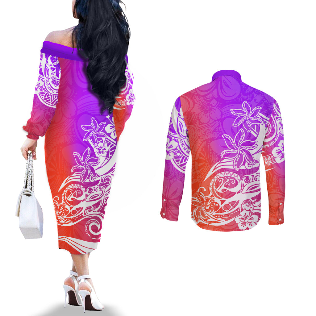 polynesian-sunset-plumeria-couples-matching-off-the-shoulder-long-sleeve-dress-and-long-sleeve-button-shirts-pacific-island-tribal-purple-style