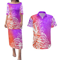 Polynesian Sunset Plumeria Couples Matching Puletasi Dress and Hawaiian Shirt Pacific Island Tribal Purple Style LT9 - Wonder Print Shop