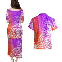 Polynesian Sunset Plumeria Couples Matching Puletasi Dress and Hawaiian Shirt Pacific Island Tribal Purple Style LT9 - Wonder Print Shop
