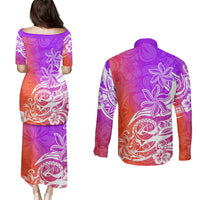 Polynesian Sunset Plumeria Couples Matching Puletasi Dress and Long Sleeve Button Shirts Pacific Island Tribal Purple Style LT9 - Wonder Print Shop