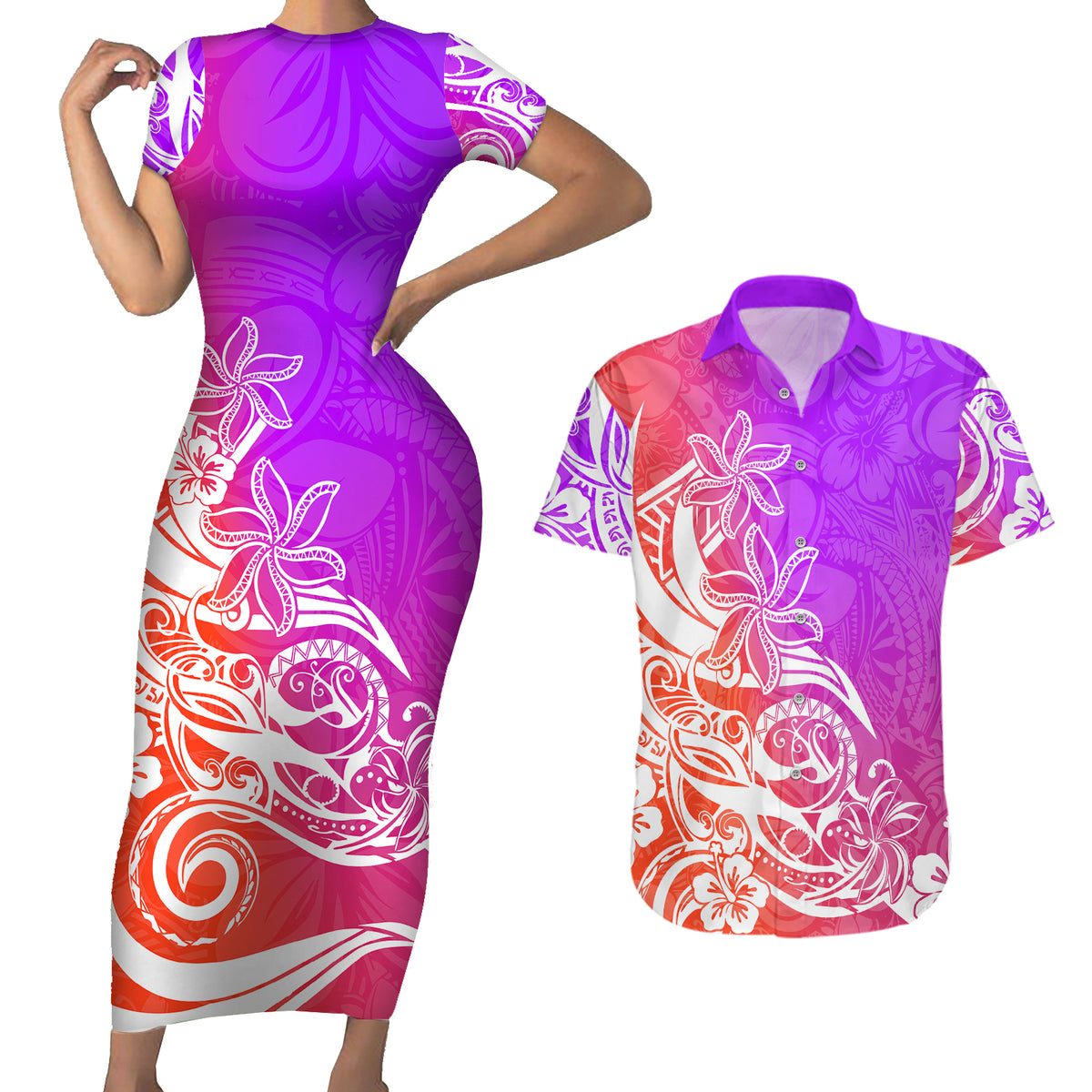 Polynesian Sunset Plumeria Couples Matching Short Sleeve Bodycon Dress and Hawaiian Shirt Pacific Island Tribal Purple Style LT9 - Wonder Print Shop