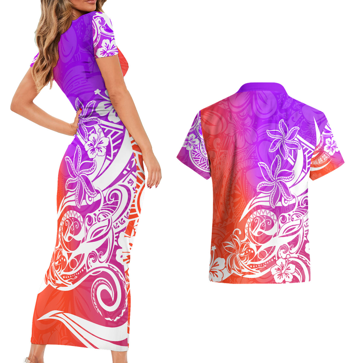 Polynesian Sunset Plumeria Couples Matching Short Sleeve Bodycon Dress and Hawaiian Shirt Pacific Island Tribal Purple Style LT9 - Wonder Print Shop