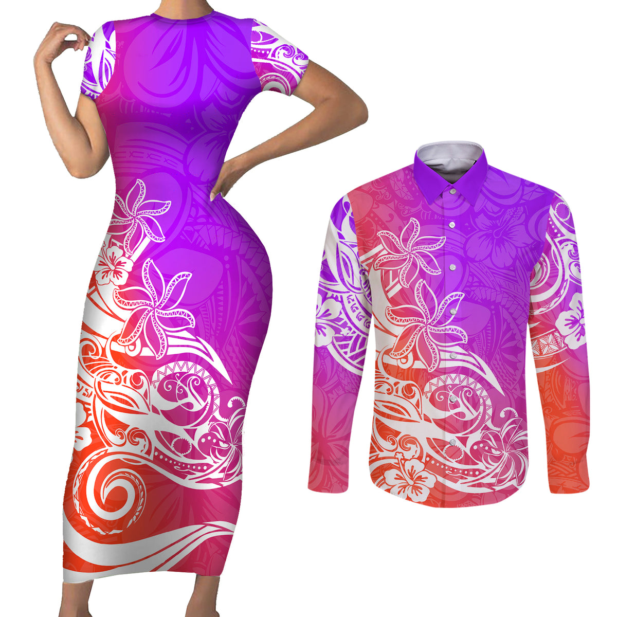 Polynesian Sunset Plumeria Couples Matching Short Sleeve Bodycon Dress and Long Sleeve Button Shirts Pacific Island Tribal Purple Style LT9 - Wonder Print Shop