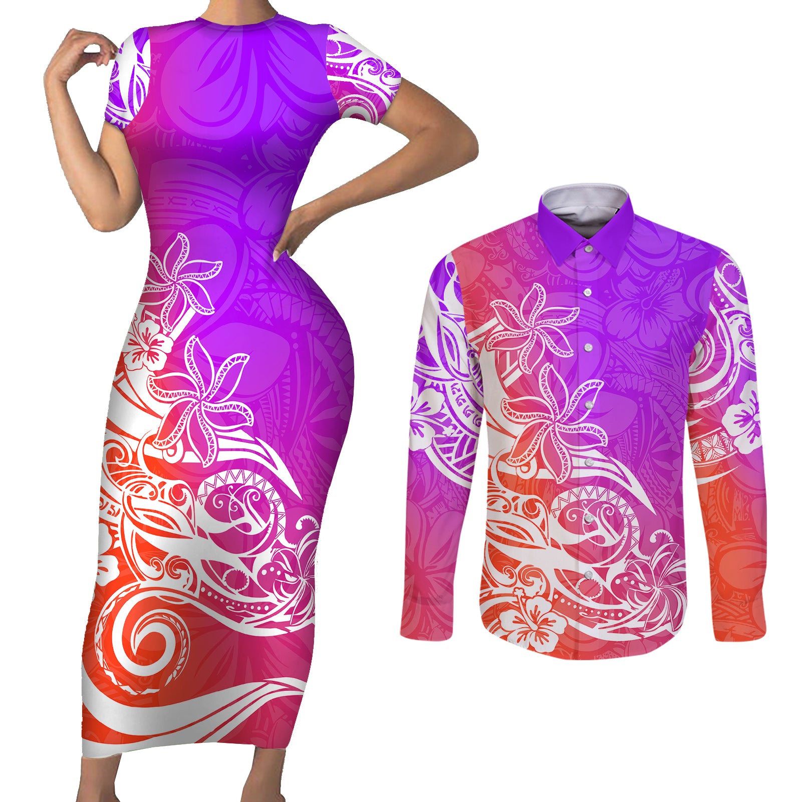Polynesian Sunset Plumeria Couples Matching Short Sleeve Bodycon Dress and Long Sleeve Button Shirts Pacific Island Tribal Purple Style LT9 - Wonder Print Shop