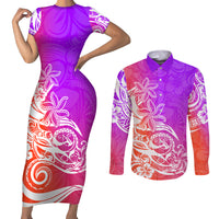Polynesian Sunset Plumeria Couples Matching Short Sleeve Bodycon Dress and Long Sleeve Button Shirts Pacific Island Tribal Purple Style LT9 - Wonder Print Shop