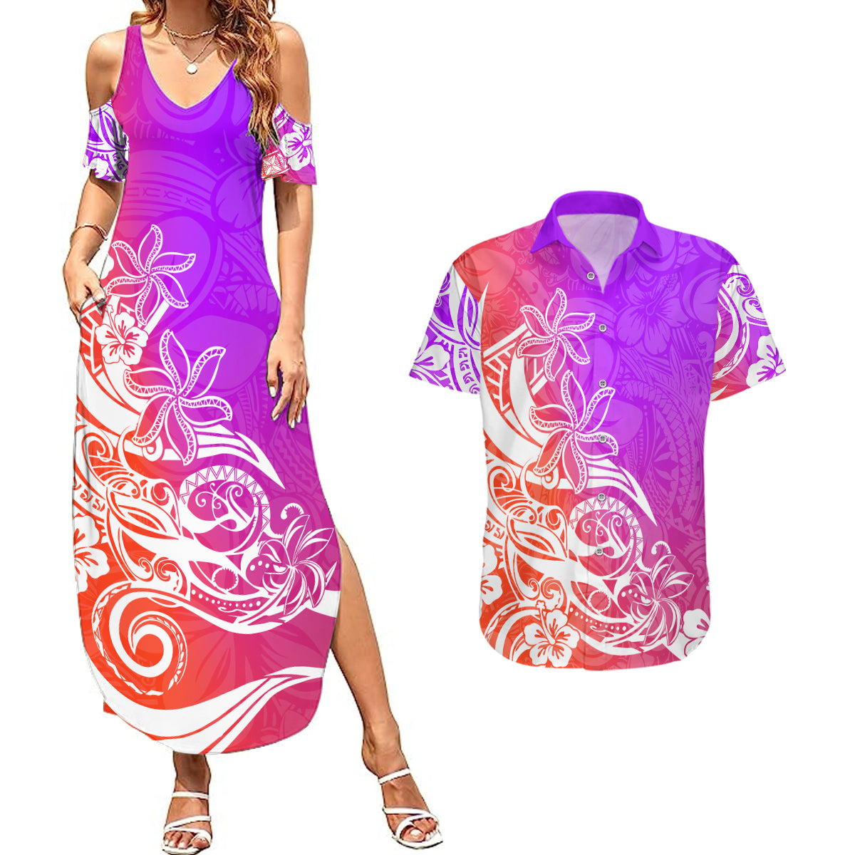 Polynesian Sunset Plumeria Couples Matching Summer Maxi Dress and Hawaiian Shirt Pacific Island Tribal Purple Style LT9 - Wonder Print Shop