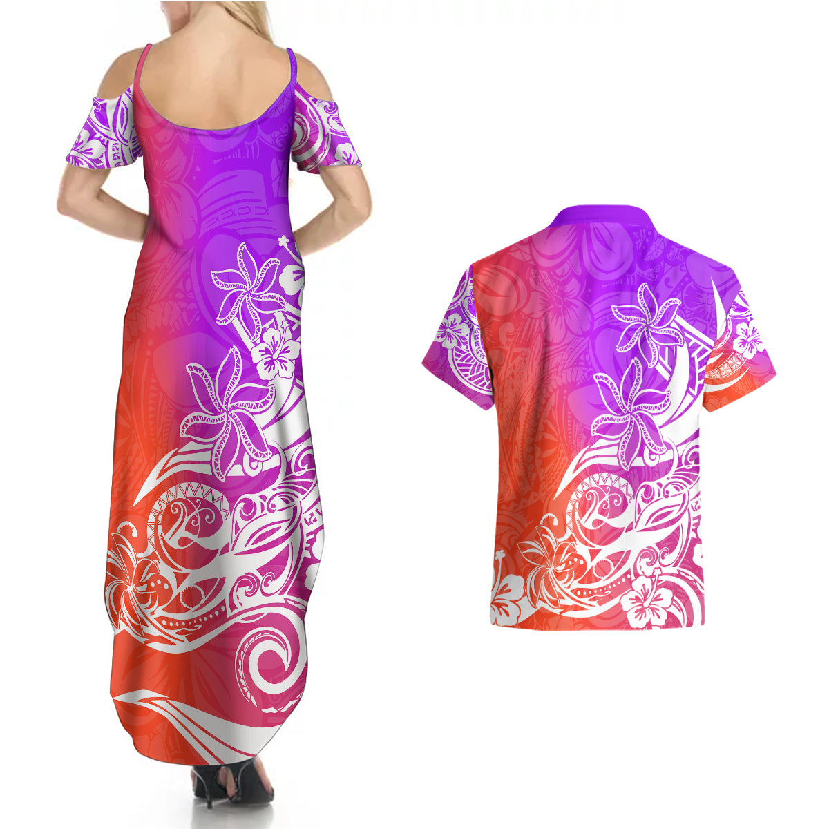 Polynesian Sunset Plumeria Couples Matching Summer Maxi Dress and Hawaiian Shirt Pacific Island Tribal Purple Style LT9 - Wonder Print Shop