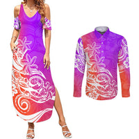 Polynesian Sunset Plumeria Couples Matching Summer Maxi Dress and Long Sleeve Button Shirts Pacific Island Tribal Purple Style LT9 - Wonder Print Shop