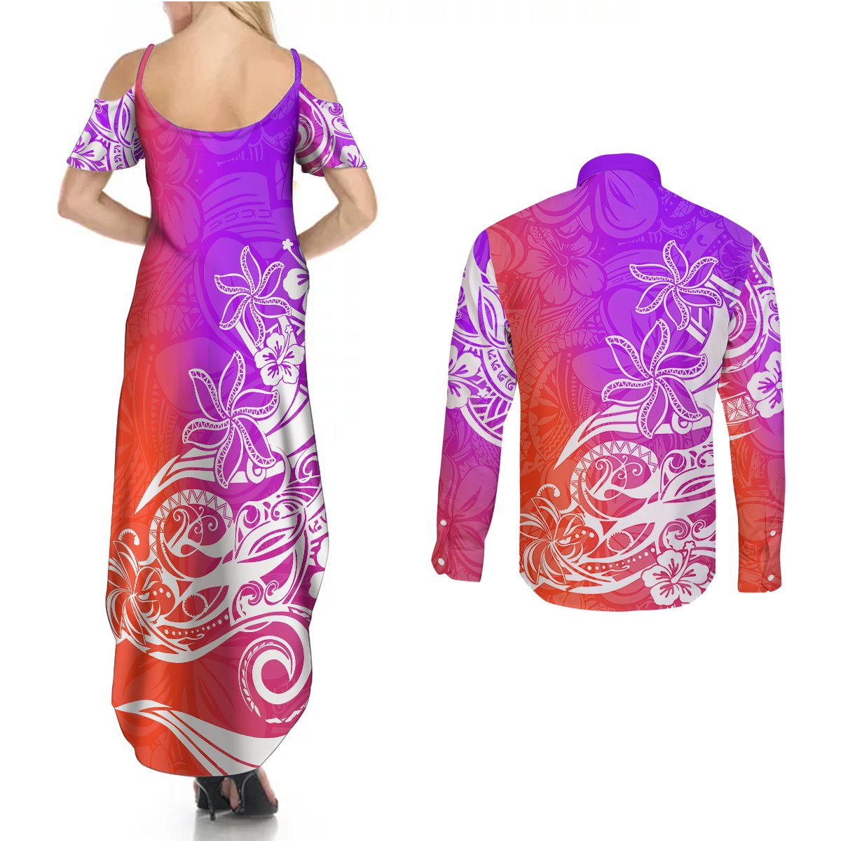 Polynesian Sunset Plumeria Couples Matching Summer Maxi Dress and Long Sleeve Button Shirts Pacific Island Tribal Purple Style LT9 - Wonder Print Shop