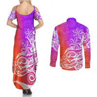 Polynesian Sunset Plumeria Couples Matching Summer Maxi Dress and Long Sleeve Button Shirts Pacific Island Tribal Purple Style LT9 - Wonder Print Shop