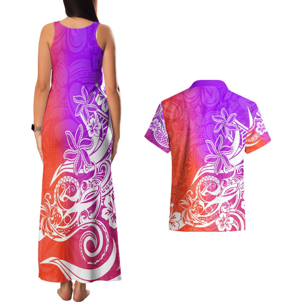 Polynesian Sunset Plumeria Couples Matching Tank Maxi Dress and Hawaiian Shirt Pacific Island Tribal Purple Style LT9 - Wonder Print Shop