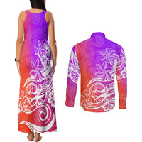 Polynesian Sunset Plumeria Couples Matching Tank Maxi Dress and Long Sleeve Button Shirts Pacific Island Tribal Purple Style LT9 - Wonder Print Shop