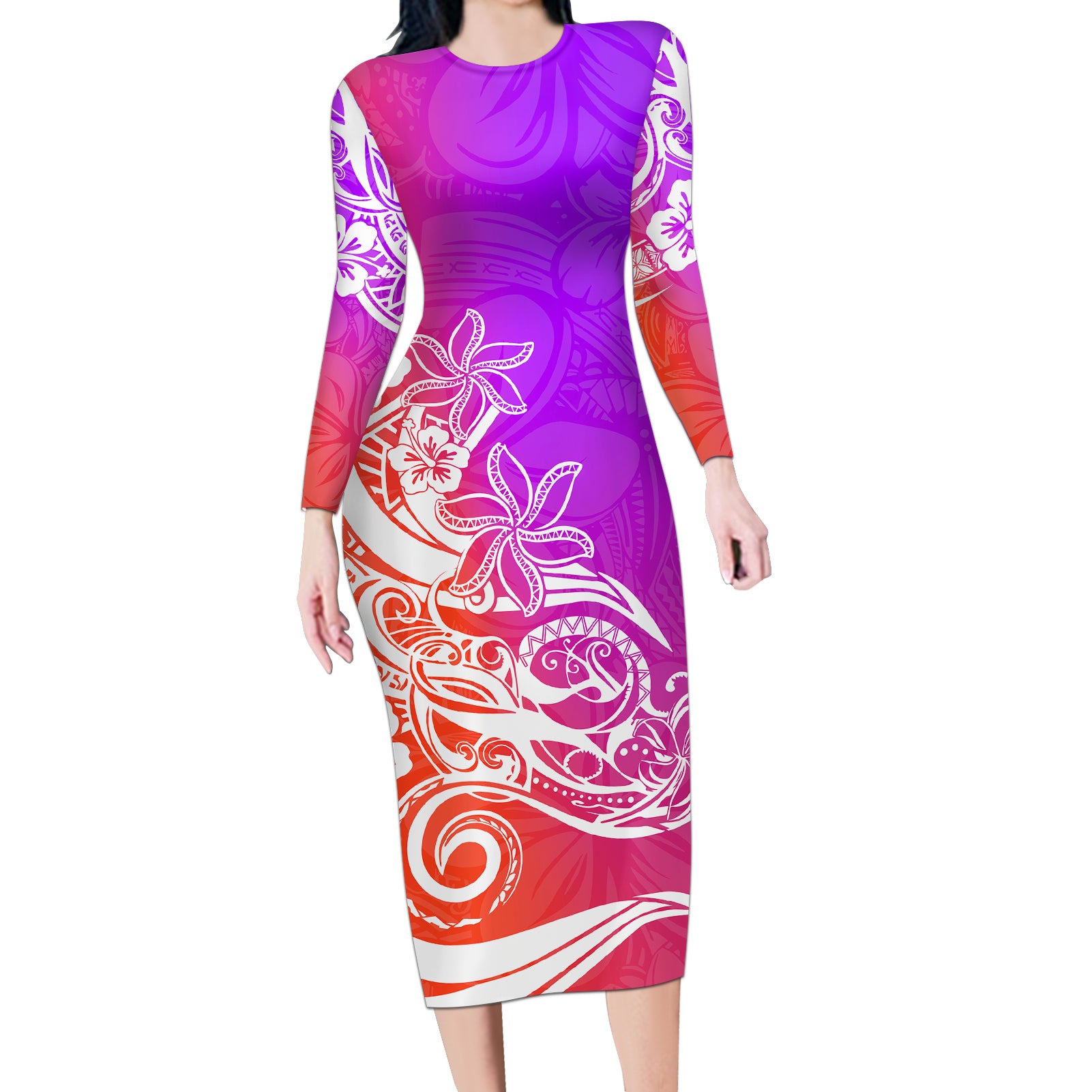 Polynesian Sunset Plumeria Long Sleeve Bodycon Dress Pacific Island Tribal Purple Style - Wonder Print Shop