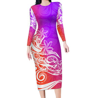 Polynesian Sunset Plumeria Long Sleeve Bodycon Dress Pacific Island Tribal Purple Style - Wonder Print Shop