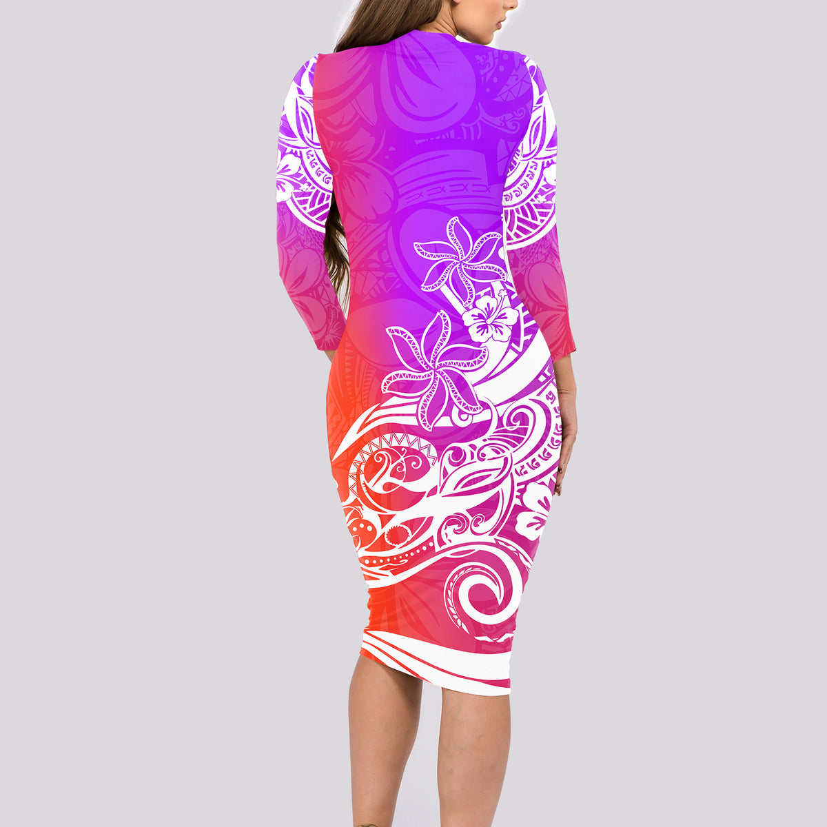 Polynesian Sunset Plumeria Long Sleeve Bodycon Dress Pacific Island Tribal Purple Style - Wonder Print Shop