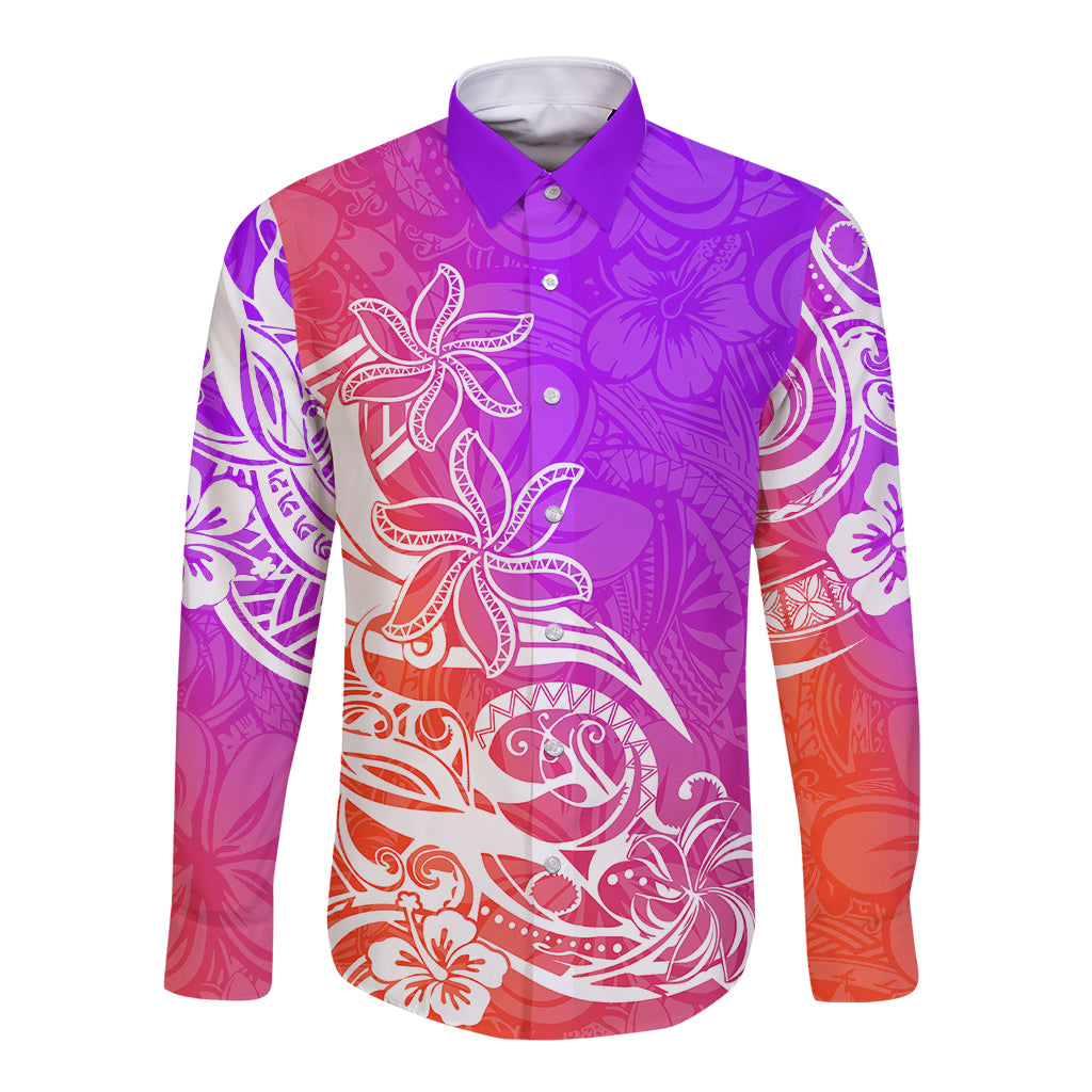 Polynesian Sunset Plumeria Long Sleeve Button Shirt Pacific Island Tribal Purple Style - Wonder Print Shop