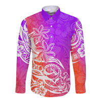 Polynesian Sunset Plumeria Long Sleeve Button Shirt Pacific Island Tribal Purple Style - Wonder Print Shop