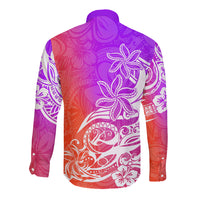 Polynesian Sunset Plumeria Long Sleeve Button Shirt Pacific Island Tribal Purple Style - Wonder Print Shop