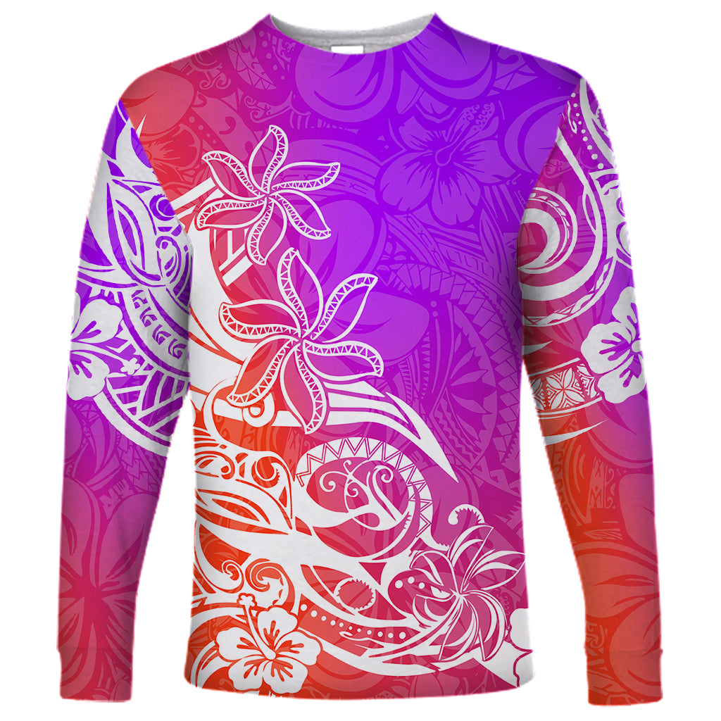 Polynesian Sunset Plumeria Long Sleeve Shirt Pacific Island Tribal Purple Style - Wonder Print Shop