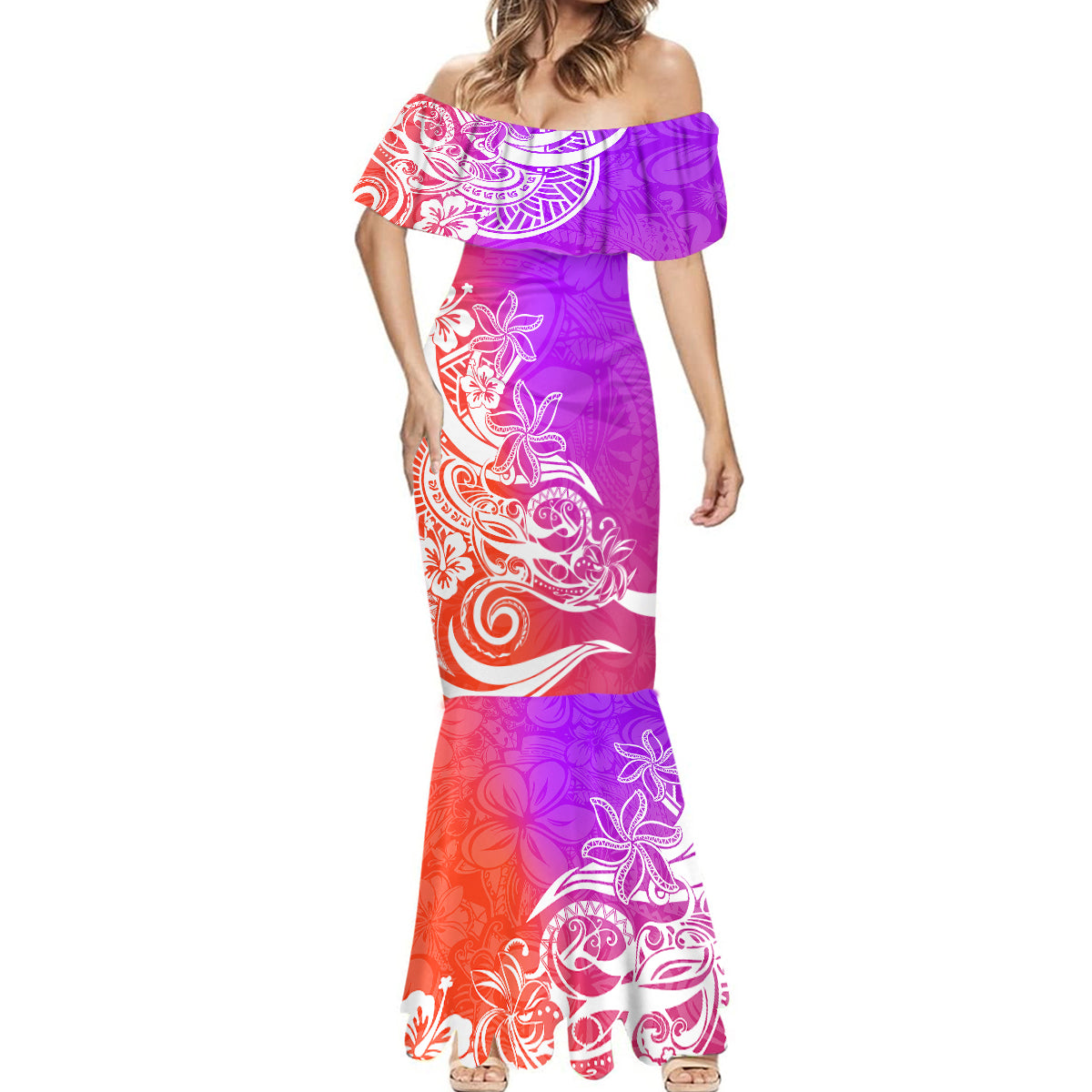 Polynesian Sunset Plumeria Mermaid Dress Pacific Island Tribal Purple Style - Wonder Print Shop