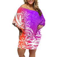 Polynesian Sunset Plumeria Off Shoulder Short Dress Pacific Island Tribal Purple Style - Wonder Print Shop