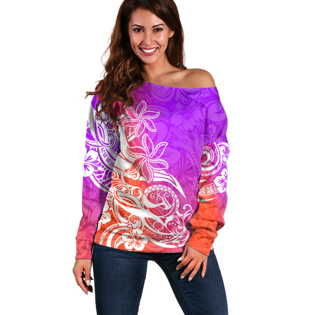 Polynesian Sunset Plumeria Off Shoulder Sweater Pacific Island Tribal Purple Style - Wonder Print Shop