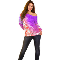 Polynesian Sunset Plumeria Off Shoulder Sweater Pacific Island Tribal Purple Style - Wonder Print Shop