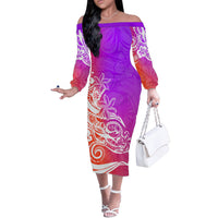 Polynesian Sunset Plumeria Off The Shoulder Long Sleeve Dress Pacific Island Tribal Purple Style - Wonder Print Shop