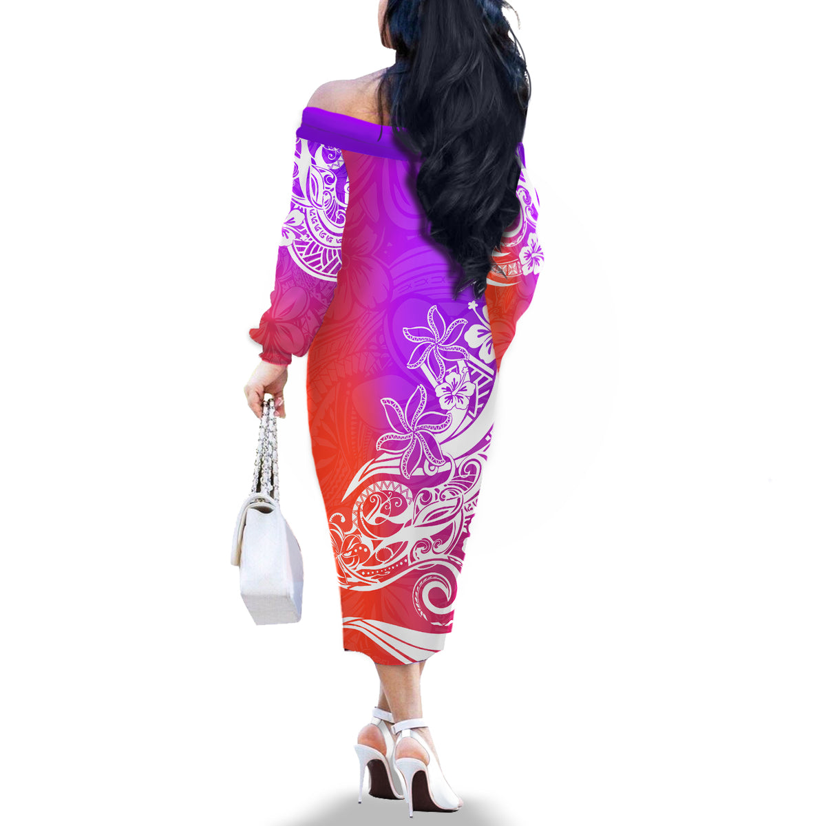 Polynesian Sunset Plumeria Off The Shoulder Long Sleeve Dress Pacific Island Tribal Purple Style - Wonder Print Shop