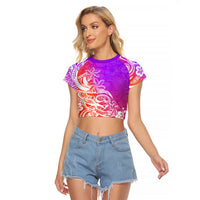 Polynesian Sunset Plumeria Raglan Cropped T Shirt Pacific Island Tribal Purple Style - Wonder Print Shop