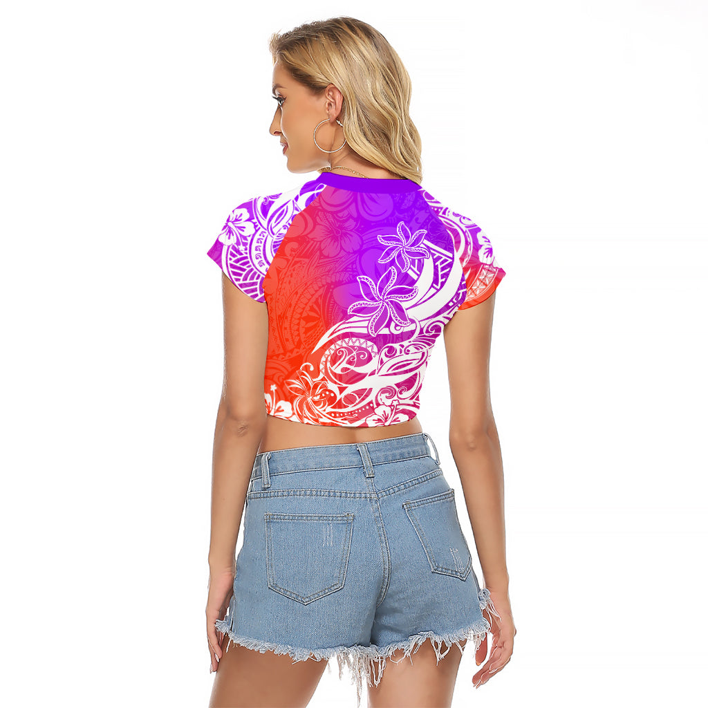 Polynesian Sunset Plumeria Raglan Cropped T Shirt Pacific Island Tribal Purple Style - Wonder Print Shop