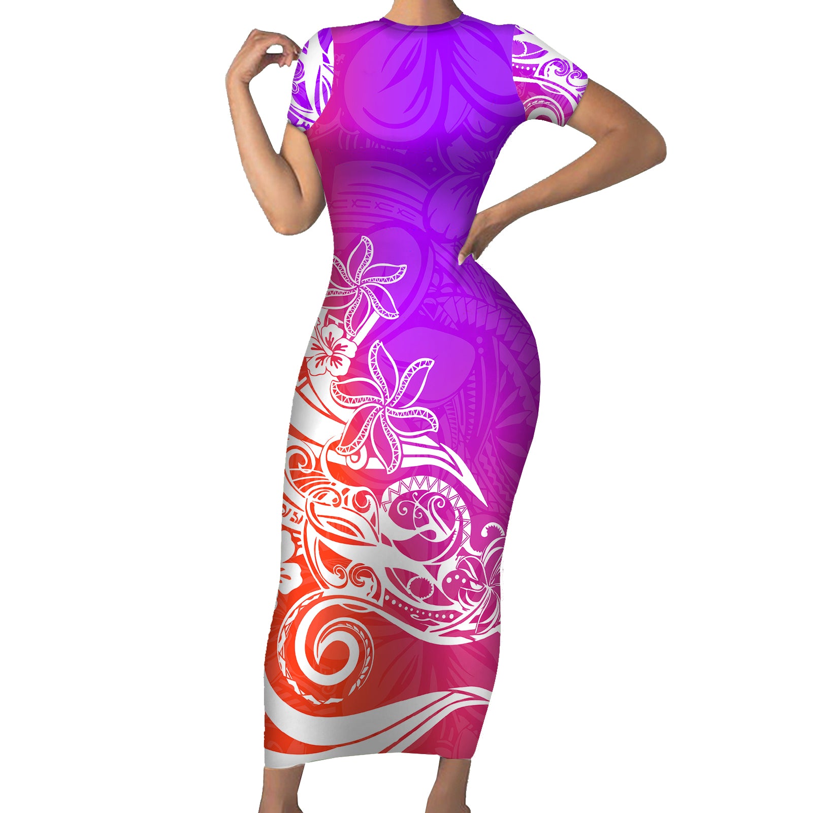 Polynesian Sunset Plumeria Short Sleeve Bodycon Dress Pacific Island Tribal Purple Style - Wonder Print Shop