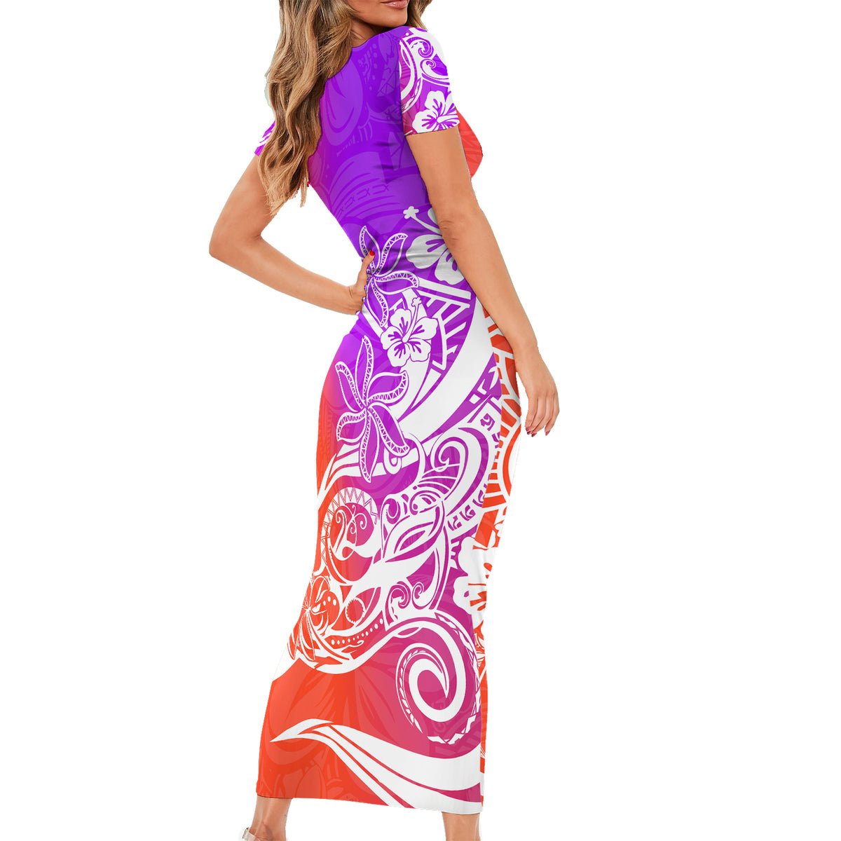 Polynesian Sunset Plumeria Short Sleeve Bodycon Dress Pacific Island Tribal Purple Style - Wonder Print Shop