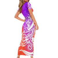 Polynesian Sunset Plumeria Short Sleeve Bodycon Dress Pacific Island Tribal Purple Style - Wonder Print Shop